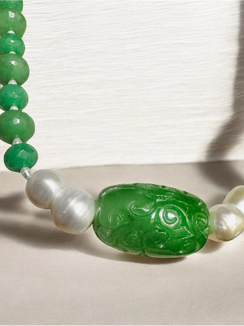 Green Jade Carved Jade Fasted Jade Beaded Necklace with genuine Pearl Artisan - Picture 6 of 13